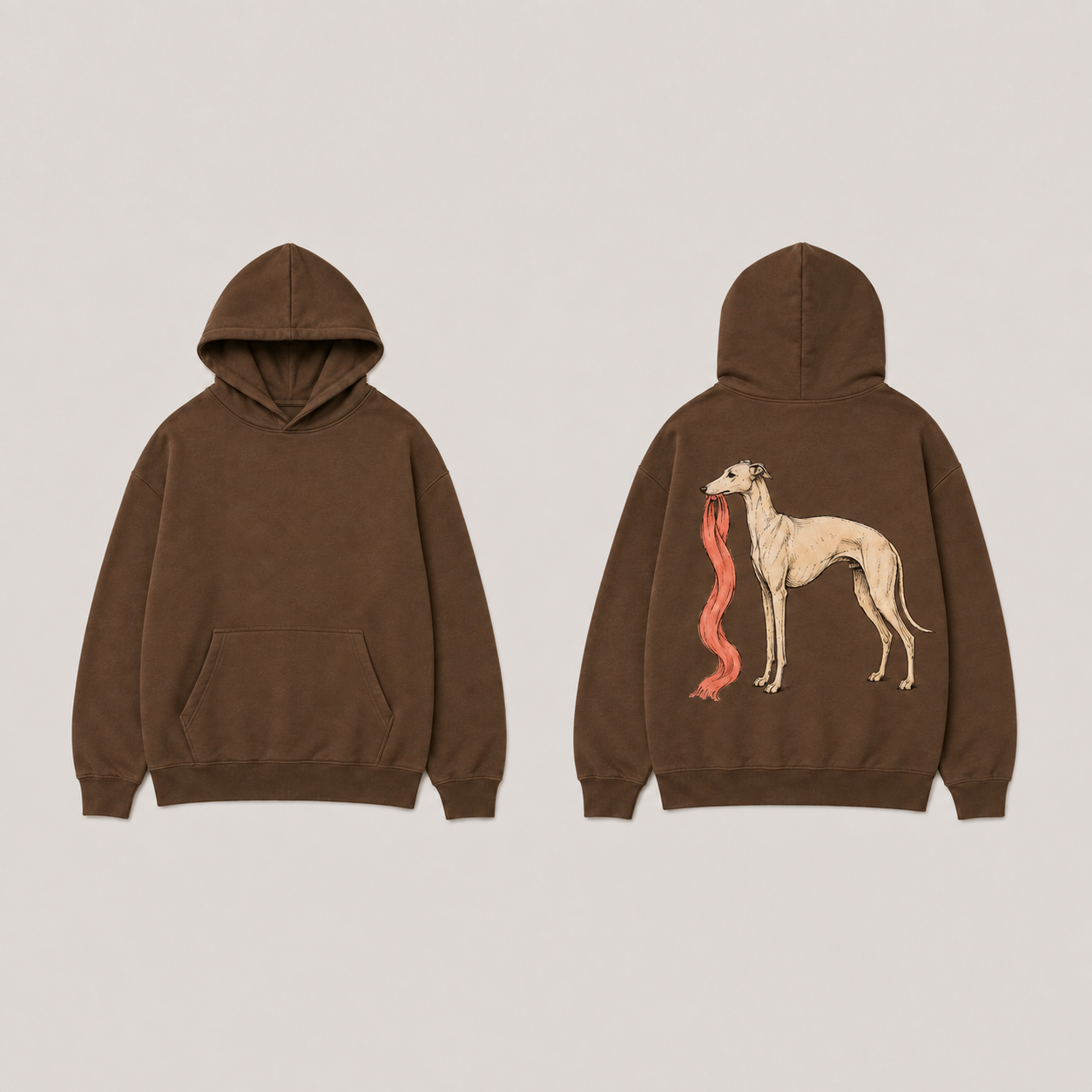 Front and back of a tobacco pullover hoodie; a cream whippet stands on the back carrying a flowing coral scarf in its mouth.