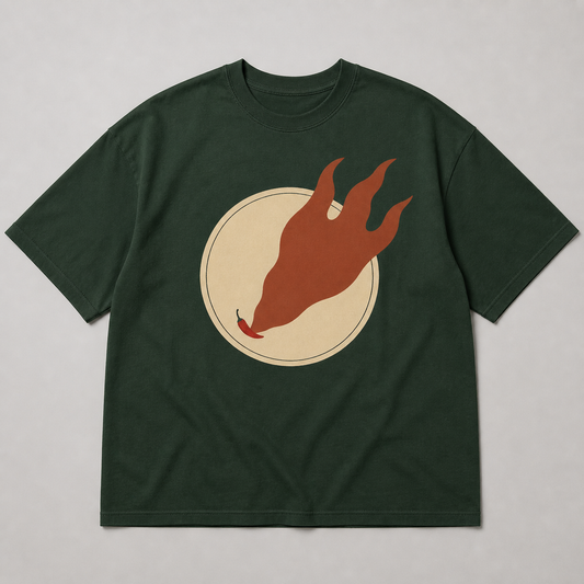 Forest-green oversized tee design with a small red chilli casting an enormous flame-shaped shadow.