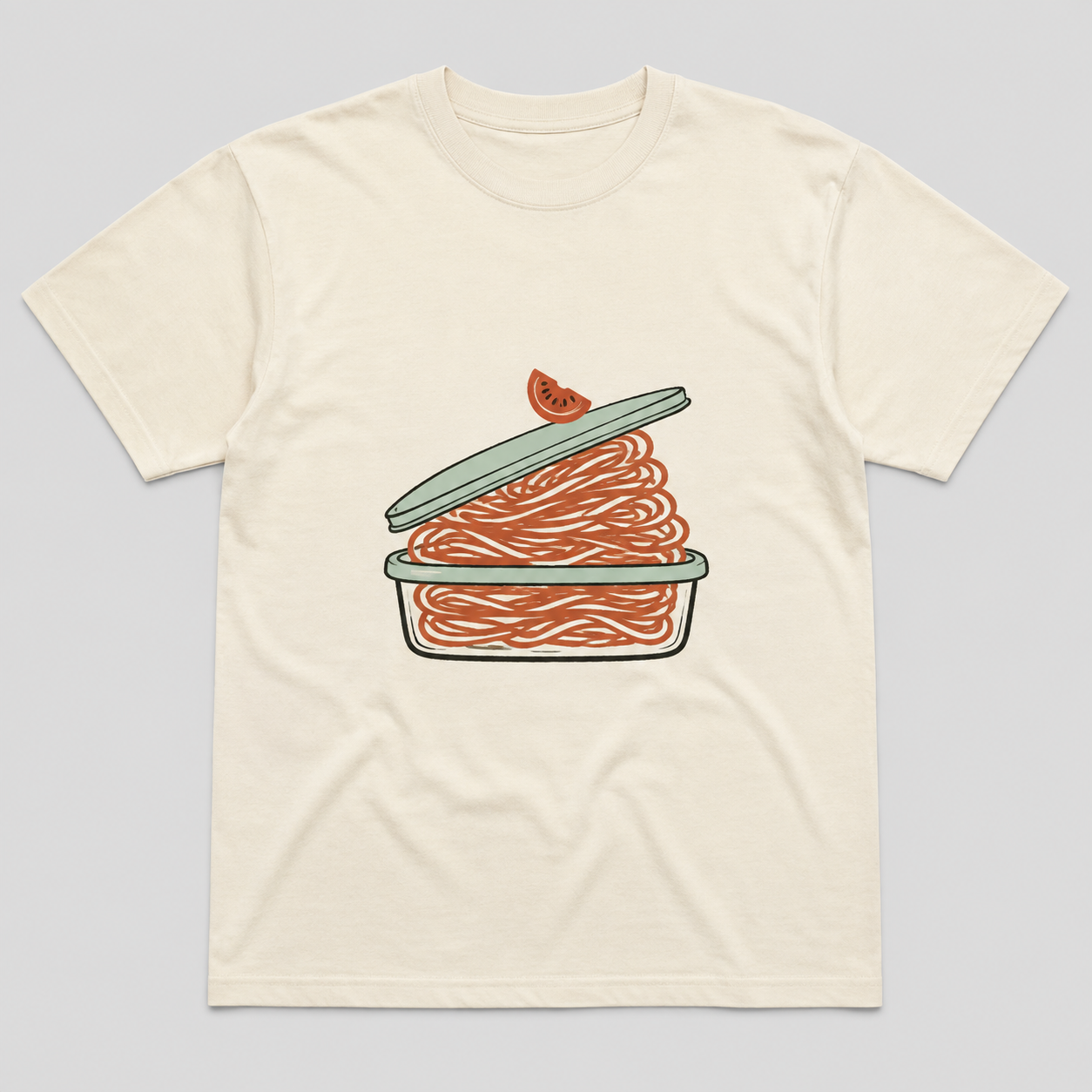 Warm ivory tee design with a lid tilted over an overflowing container of spaghetti.