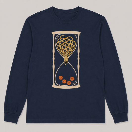 Deep-navy long-sleeve tee design with spaghetti stuck in an hourglass and four carrot rounds below.
