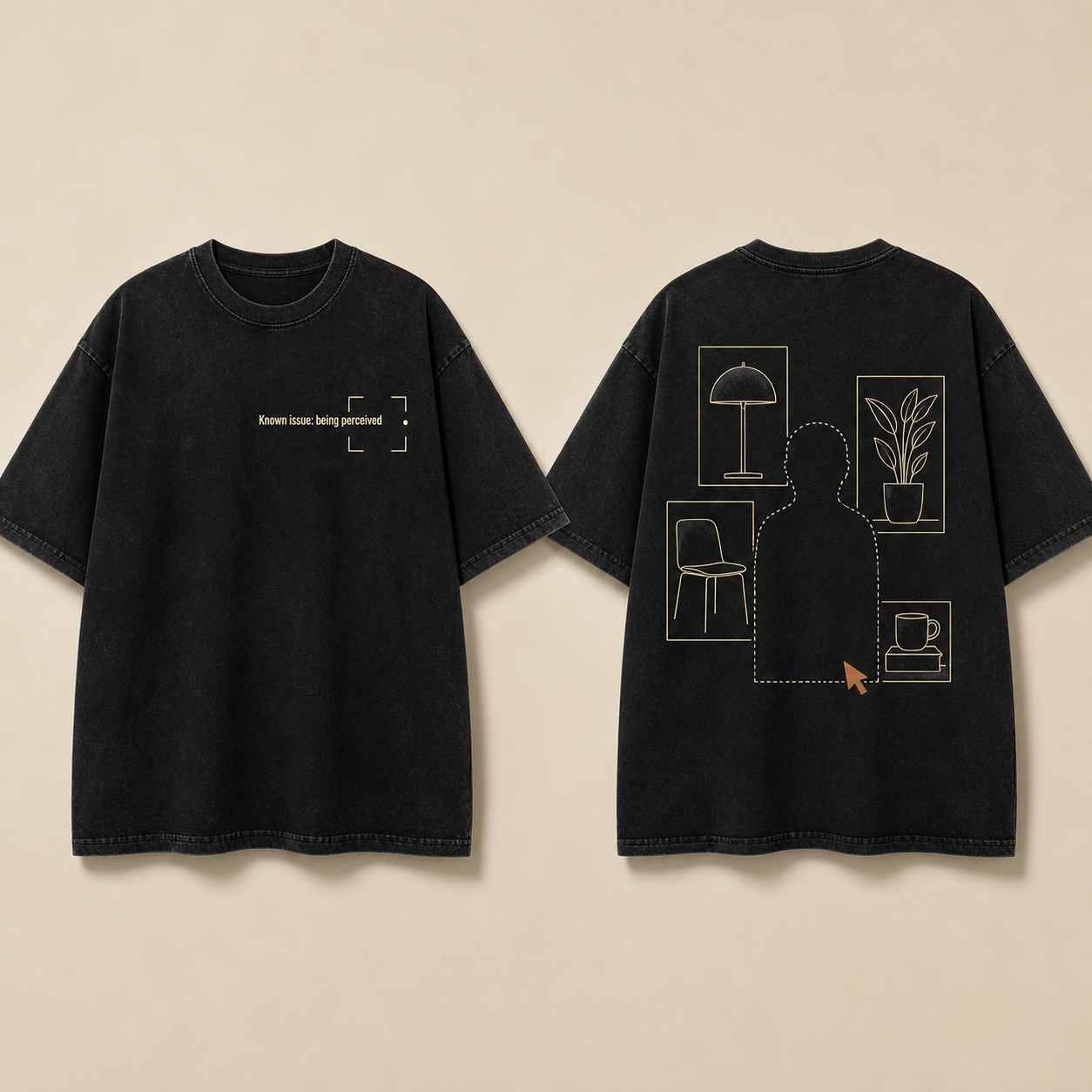 Front and back of a washed-black oversized tee with a small known-issue notice and an unresolved object-detection field.