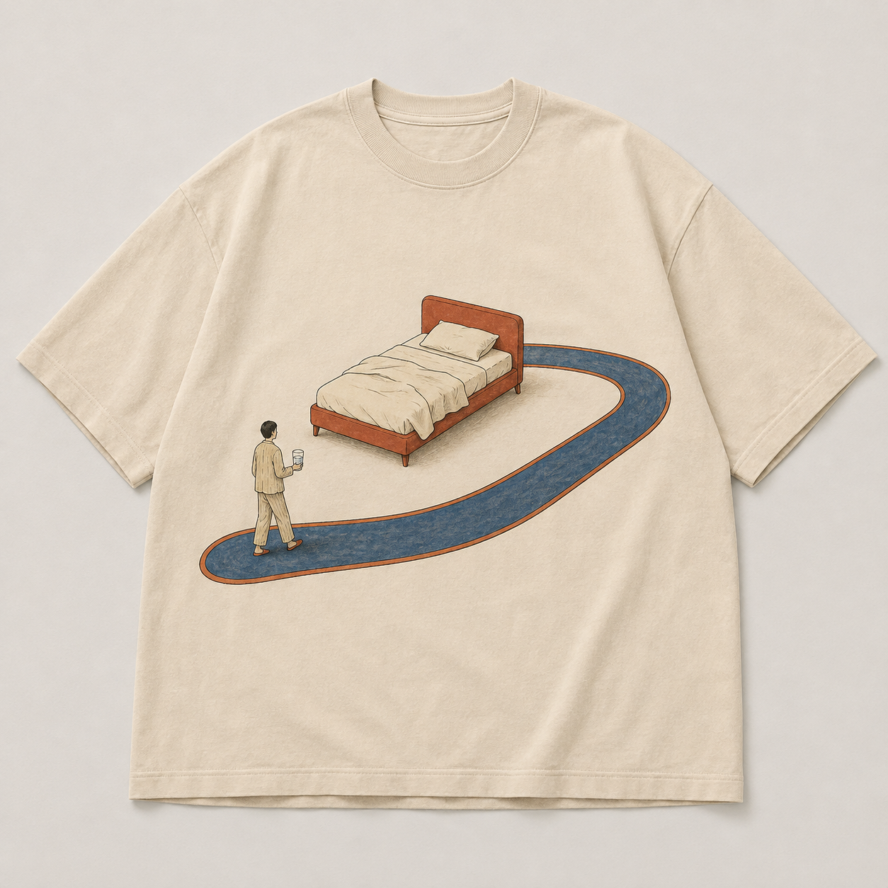 Warm chalk oversized tee design with an empty red bed, a long looping blue rug, and a person carrying water away from bed.