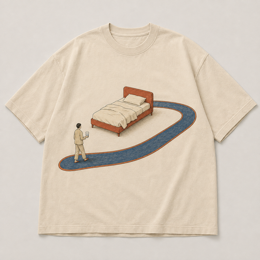 Warm chalk oversized tee design with an empty red bed, a long looping blue rug, and a person carrying water away from bed.