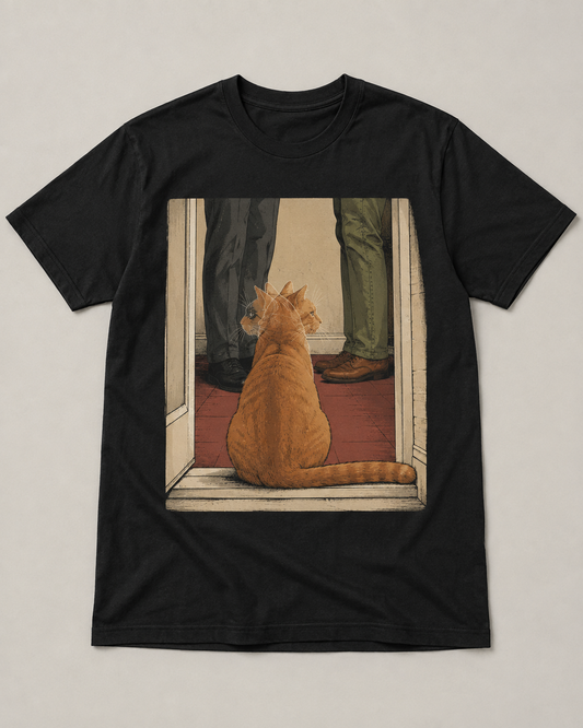 Soft-black tee design with a ginger cat turning its head between two visitors at a doorway.