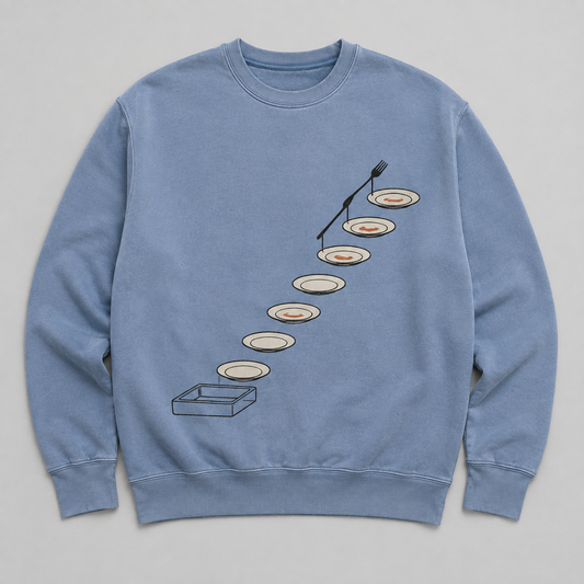 Cornflower crewneck design showing seven plates ascending from a sink with a fork handrail.