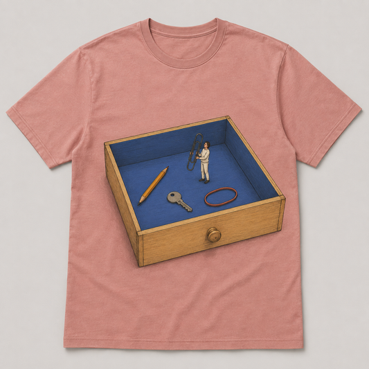 Clay-pink tee design with a miniature person organizing a paper clip, pencil, key, and rubber band inside a blue drawer.