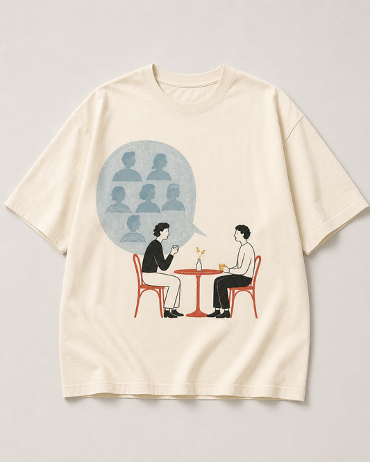 Warm cream oversized tee design with two diners at a red cafe table and six spectators in a pale-blue speech bubble.