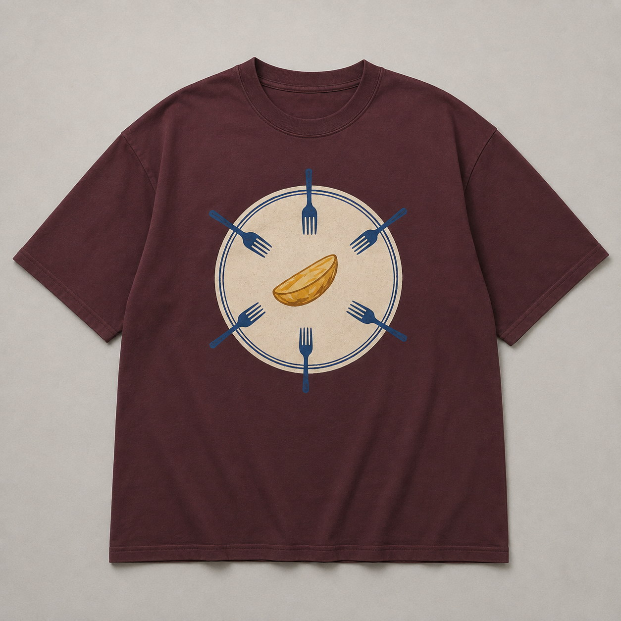 Oxblood oversized tee design with six blue forks approaching the last potato on a cream plate.