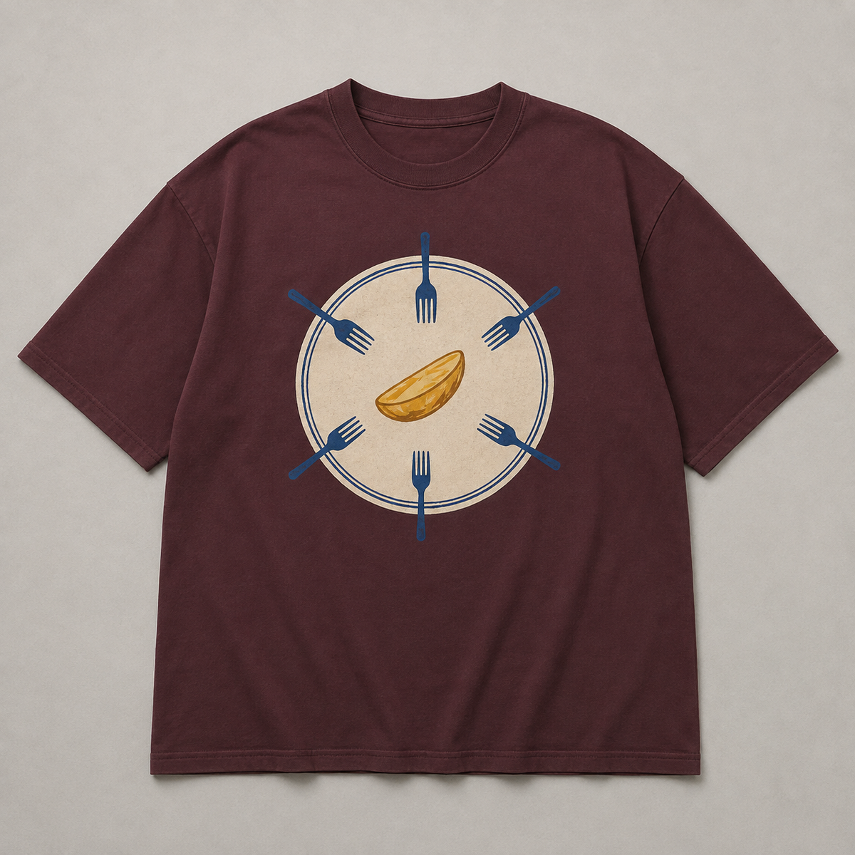 Oxblood oversized tee design with six blue forks approaching the last potato on a cream plate.