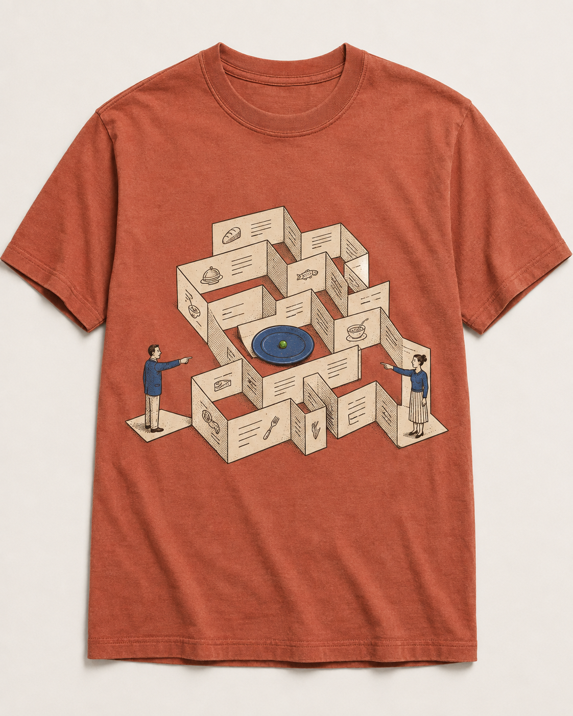 Terracotta tee design with a menu maze, two pointing diners, and a blue plate holding one pea.